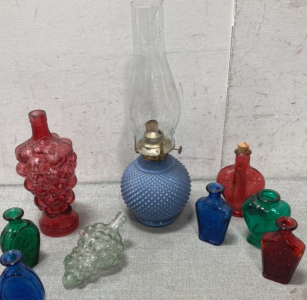 Vintage Kaadin Diamond Point Texture Oil Lamp, Sar Bottles And Grape Bottles