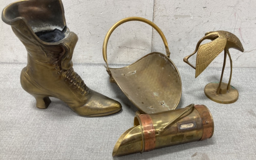 Brass Lady’s Boot, Brass Crain And Brass Decorative Fireplace Accessories