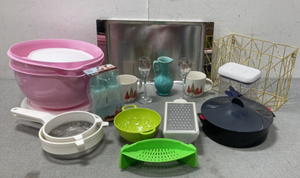 Serving Tray, Colanders, (2) Squeeze Bottles And Other Kitchen Items