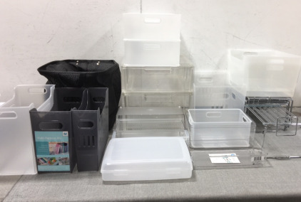 (16) Various Plastic Storage Containers, (5) Metal Shelf Stand, (1) Mesh Basket