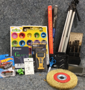 (1) Sesame Street Dough Tools, (1) Hot Wheel Toy Car, (1) Klein Tools Data Cable tester, (1) Wire Grinder Wheel,Samsonite Tripod, (1) Automatic Drill Index and more