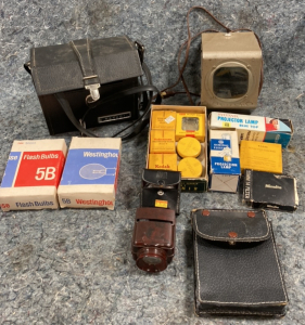 (1) General Electric Projection Lamp DFR 115-120V 500Watts (1) Minolta 55mm 1A Filter (1) Leather Pouch (1) Hoya Camra Lens Case With 3 Lens’s (1) Sylvania Projector Lamp Blue Top CZX DAB (1) Kodak Retina Step-Down Ring (1) Imperial Chromat-O-Scope (1) Sa