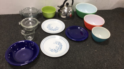 Set of Mixing Bowl, Tea Kettle, Decorative Plates and Bowls