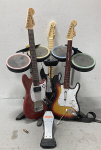 Rock Band 2 Drum Kit With (2) Rock Band Fender Stratocasters And. Fender Mustang