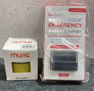 (1) EcoBoost Waterproof Emergency Android Charger, (1) Yellow Music Mini Speaker