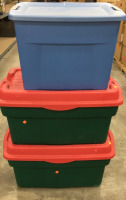 (2) Red/Green Storage Bins, (1) Blue Storage Bin