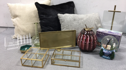 (3) Throw Pillows, Gold Metal Picture Frame Stand, Wall Mounted Shelf, Seattle Snow Globe, (2) Metal/Glass Jewelry Boxes, Makeup Organizer, Painted Coconut, Glass Vase, Trinket Dish, Nail Genie Motor