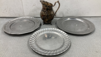 (3) Metal Plates, (1) Silver Pitcher