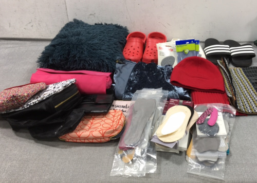 Shag Throw Blanket, Red Crocs Size M8/W10, White Slip-On Sneakers Size W10.5, Adidas Slides Size W9, Matching Red Hat & Scarf, Multi-Pattern Scarf, Velvet Robe, No-Show Socks, Foot Pads and Shoe Inserts, Shoe Non-Slip Pads, Various Travel Makeup Bags, Kne