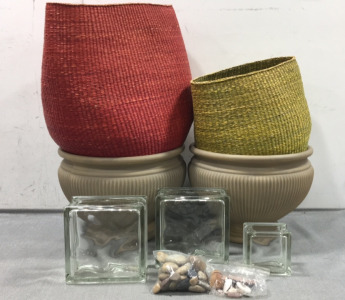 (2) Large Plastic Planters, (2) Wicker Baskets, (3) Square Glass Vases, Decorative Rocks and Shells