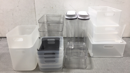 (15) Small Storage Bins of Various Sizes, (2) OXO Food Containers