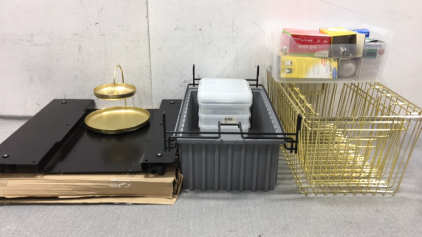 (4) Gold Metal Wire Baskets, (3) Small Containers w/ Lids, Sliding File Drawer, Storage Bin, (7) Various Lightbulbs, Gold 2-Tier Tray, (2) Cabinet Caster Base Attachments