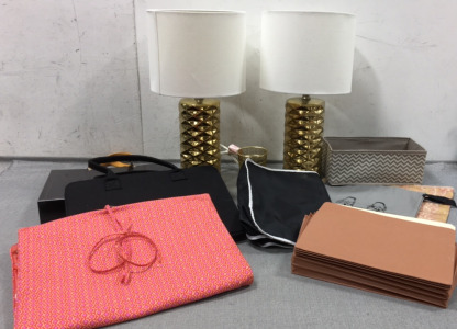 (2) Gold Table Lamps, (2) Briefcase Bags, Pencil Cup, File Folders, Hanging Organizer, Various Bags