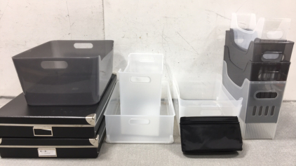 (10) Various Plastic Storage, (2) Storage Boxes, (1) Small Storage Bag