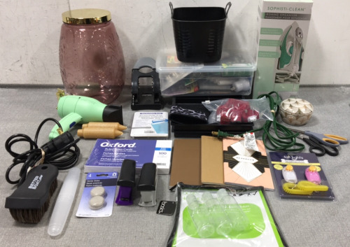 Plastic Pitcher, Bin of Lightbulbs, Ironing Organizer, Pet Training Clickers, (3) Journal Notebooks, 5x8 Index Cards, (2) Plastic Organizer Trays, PlugBug, (2) Staplers, Better Boat Brush, Hole Puncher, (2) Scissors, Extension Cord and more