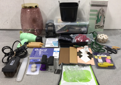 Plastic Pitcher, Bin of Lightbulbs, Ironing Organizer, Pet Training Clickers, (3) Journal Notebooks, 5x8 Index Cards, (2) Plastic Organizer Trays, PlugBug, (2) Staplers, Better Boat Brush, Hole Puncher, (2) Scissors, Extension Cord and more