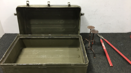 Military Box, 2 candle sticks, tree cutters.