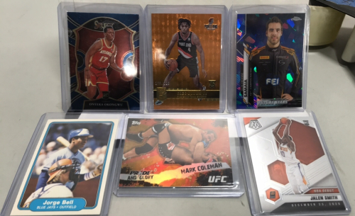 (6) Collectible Sports Cards… Portland Trailblazers Greg Brown III, Phoenix Suns Jalen Smith, Atlanta Hawks Onyeka Okongwu, Blue Jays Jorge Bell, F2 Driver Guilherme Samaia, UFC Mark Coleman