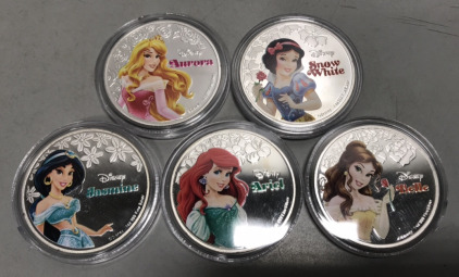 (5) 1 oz Fine Silver Disney New Zealand Elizabeth II Coins. Snow White, Aurora, Jasmine, Ariel, Belle