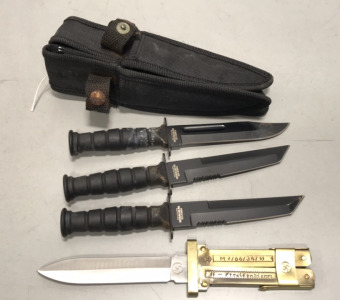 (1) Three Knife Set W/ Sheaths, (1) WWII Paratroopers Folding Knife