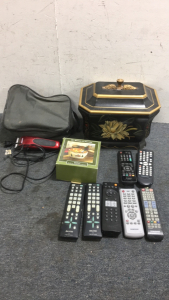 (1) Decorative Wooden Jewelry Box (1) St.Nicholas Square Heartland Dip Mix Set (1) Conair Hair Trimmer With Accessories (6) Various Brand Tv and DVD Player Remotes