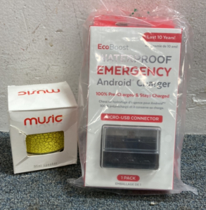 (1) EcoBoost Waterproof Emergency Android Charger , (1) Yellow Music Mini Speaker