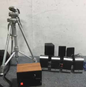 (1) Targus Camera Tripod (4) Durabrand 4-Ohm Speakers (2) Accent Acoustics Computer Speakers (1) Kenwood Speaker (1) Swivel surround speaker
