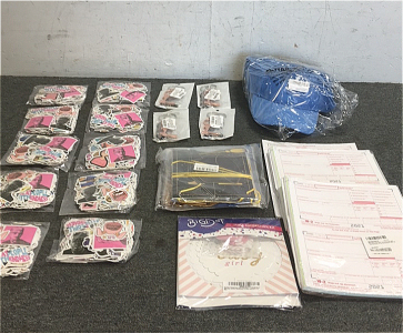 (10) Packs Of Star Singers Stickers (4) No Touch Multi Tool Keychains (1) Happy Graduation Decorations Kit (1) Baby Shower Decorations Kit (3) W-2 Tax Forms Kits (12) Ultra Fun Blue Visor Caps