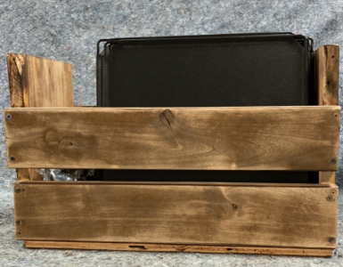 (45) 12” Black shelves, (1) Vintage Wooden Box