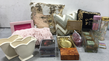 (3) Decorative Throw Pillows, (2) Glitter Water Bottles, (6) Vases/Planters, Throw Blanket, (2) Picture Frames, Decorative Rocks, Paperweight, Pineapple Trinket Dish, Trinket Tray, Wood Box, (8) CDs