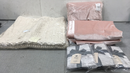 (2) Large Rope Pillow Covers, (3) Pink Velvet Curtains, (4) Grey Velvet Pillow Shams
