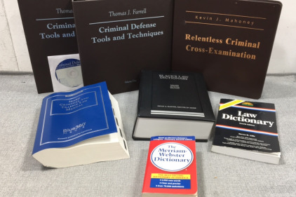 Criminal Defense Tools and Techniques Vol 1 & 2, Relentless Criminal Cross-Examination, Idaho Criminal and Traffic Law Manual, Black’s Law Dictionary, Law Dictionary, Merriam-Webster Dictionary