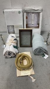 (2) Sets Rod Pocket Window Sheer Panels (2) UO Home Shower Curtain, Candle Holders And Picture Frame