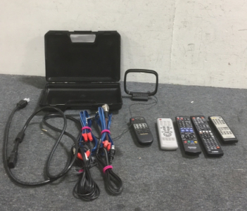 (5) Various Electronics Remote Controls (2) Universal Power Cords (2) Unknown Cords (1) TV Antenna (1) Hard carry Case