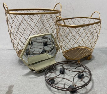 (2) Rolling Baskets, Plant Base On Wheels And Decorative Table Mirror