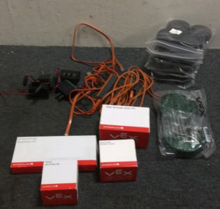 (4) vex V5 2-Wire Robot Motors (2) Vex Robot Programming Adapters (1) Vex Programming Hardware Kit (16) 2” Soft Robot Tires (1) Vex EDr Gear Kit (1) Vex High strength Gear Kit (2) Optical Shaft Encoders (1) Vex Winch And Pulley Kit