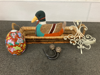Basket With Glass Egg, Duck, And Candle Holder