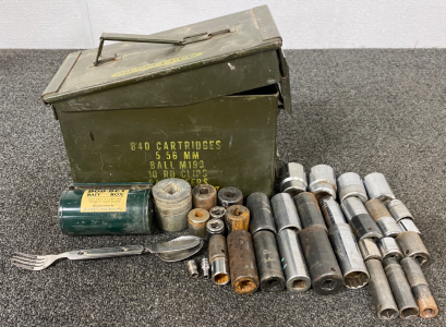 Metal Ammo Box, Small Bait Box, Camping Utensils, and Sockets