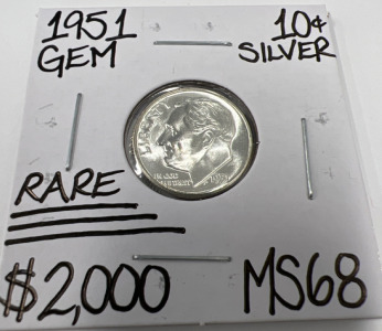 1951 MS68 RARE GEM SILVER ROOSEVELT DIME