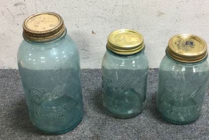 (1) Rare Antique Pre-1910 Ball Perfect Mason 1/2 Gallon Canning Jar (2) Antique Ball Perfect Mason #5 Canning Jars