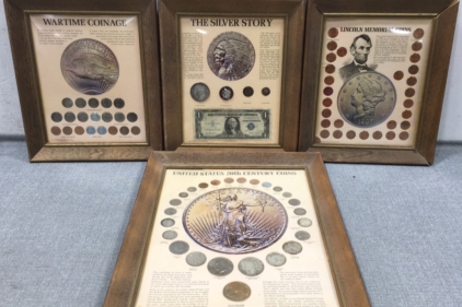 (4) Framed Coins: Wartime Coinage, The Silver Story, Lincoln Memorial Coins, US 20th Century Coins