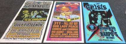 (1) Violent Femmes 2004 Detroit Concert Poster 10.5” x 22.5” (1) Fall out Boy 2005 Detroit Concert Poster 10.5” x 22.5” (1) Crisis 2004 Detroit Concert Poster 10.5” x 22.5”