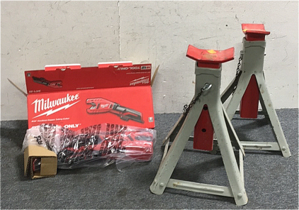 (1) New in Box Milwaukee M12 Cordless Copper Tubing Cutter (2) Jack Stands