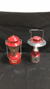 (1) Vintage 1971 Red Coleman Lantern With Pyrex Glass (1) General Electric Battery Powered Lantern