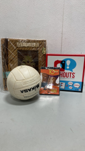 (1) BeachBody 10 minute trainer DVD, (1) Mikasa White Volleyball, (1) Snap Shouts Game, and more