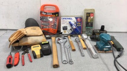Black & Decker Screwdriver Set, Dremel Cordless MiniMite, 32pc Pegboard Hooks, Black & Decker Quantum Drill, Makita Power Sander, Maglite Flashlight, Husky Tool Belt, Ryobi Laser Pointer, Zircon Stud Finder and more