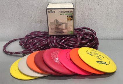 (8) Disc Golf Discs, Rope, Braun Citromatic 6 Juicer