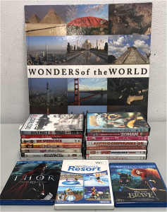 (1) Wonders Of The World Book, (1) Nintendo WII Sports Resort Game, (2) Blu-Ray DVDs Thor/Brave, (14) DVDs