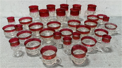 King Crown Thumbprint Ruby Flash Glass Cups, Goblets, Dessert Cups, Cream and Sugar Glasses