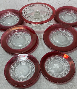 King Crown Thumbprint Ruby Flash Glass 12&rdquo; Cake Platter, 10&rdquo; Plates And 8&rdquo; Plates